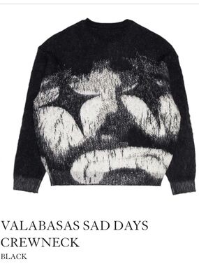 VALABASAS SAD DAYS CREWNECK Black & White Fuzzy  Sweater Mens M wool goth retro